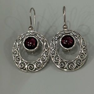 Or Paz Sterling Garnet Oval Scroll Design Dangle Earrings